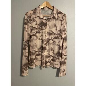 Womens Top Large Gray Abstract Mesh Semi Sheer Button Up Lettuce Hem Grunge Y2K